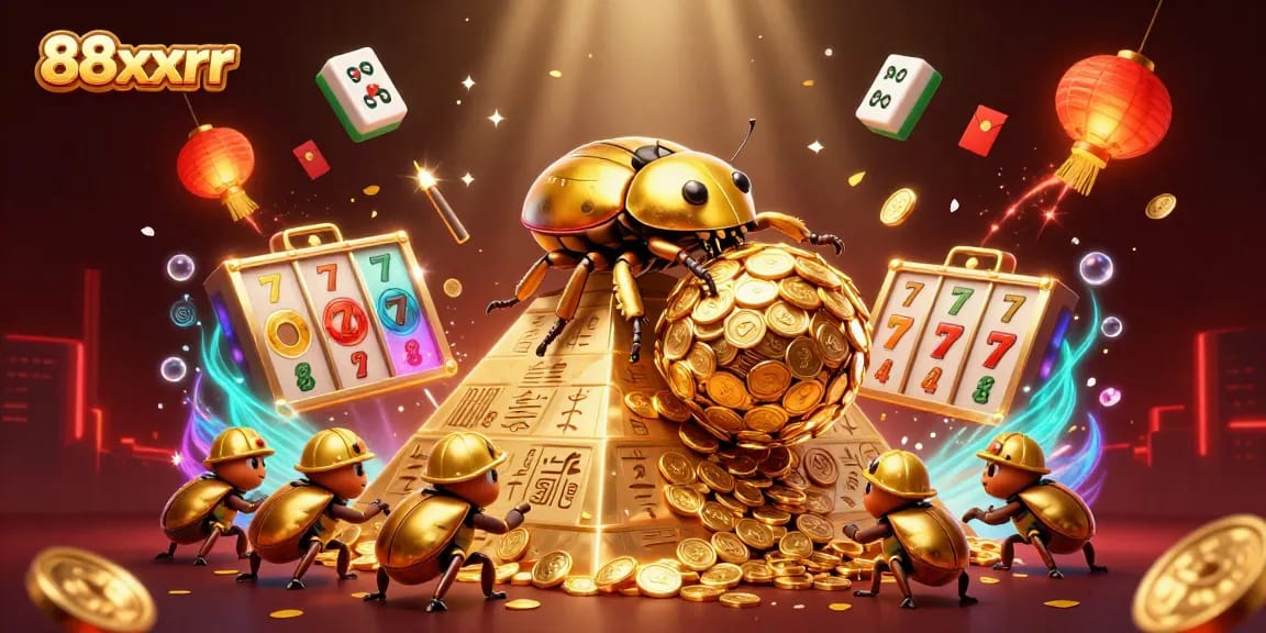 Experience the excitement of gambling with 88xxrr in this vibrant 3D scene featuring golden beetles and lively casino elements.