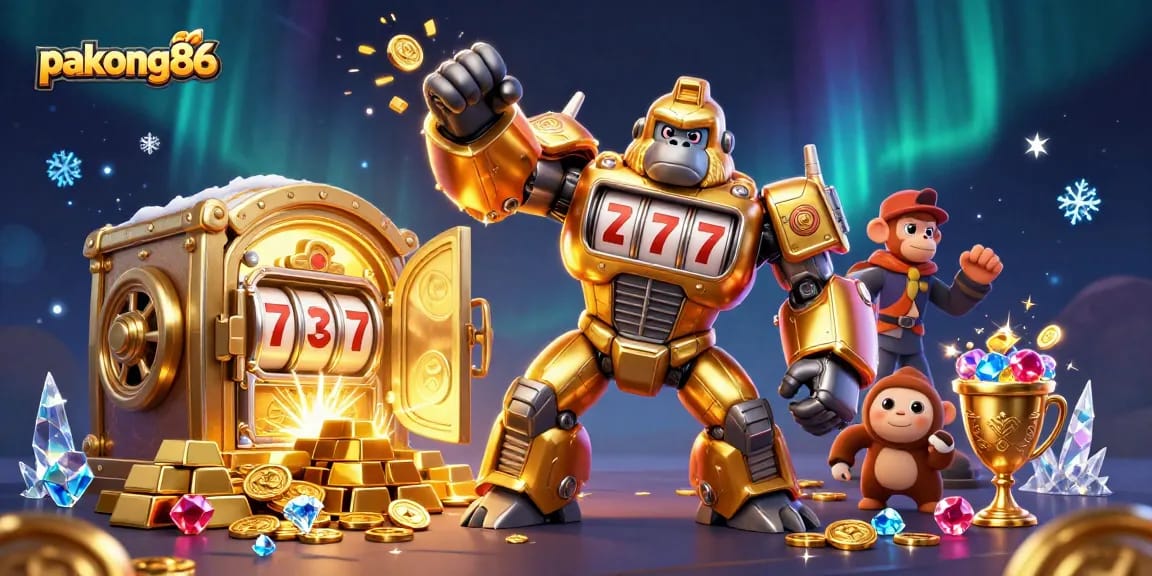 pakong86 captures the excitement of gambling with a thrilling golden gorilla mech exploding coins in a vibrant casino setting
