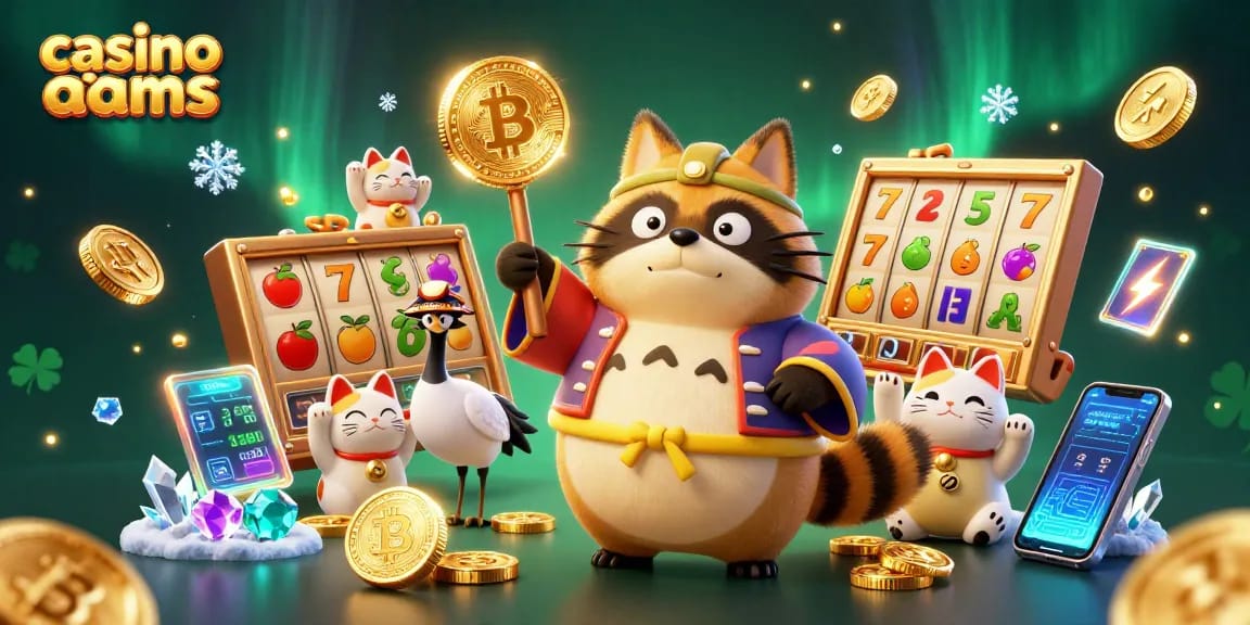 Vivi l'emozione al casinò non AAMS con personaggi vivaci, elementi delle slot e monete crypto in azione.