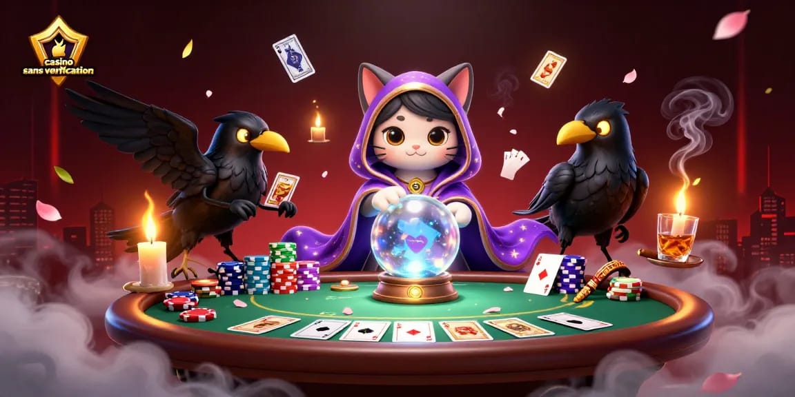 Jeu captivant au casino sans vérification avec un chat mystique, un corbeau et des éléments de poker.