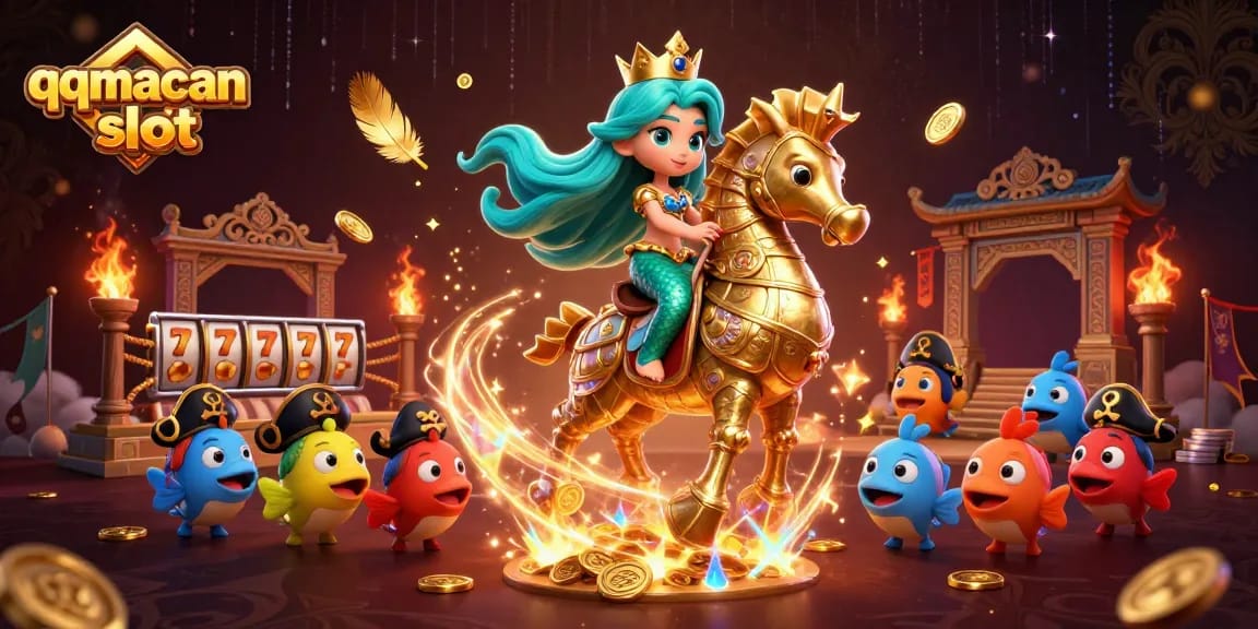 Experience the thrill of the qqmacan slot with vibrant characters, slot reels, and dazzling casino elements.