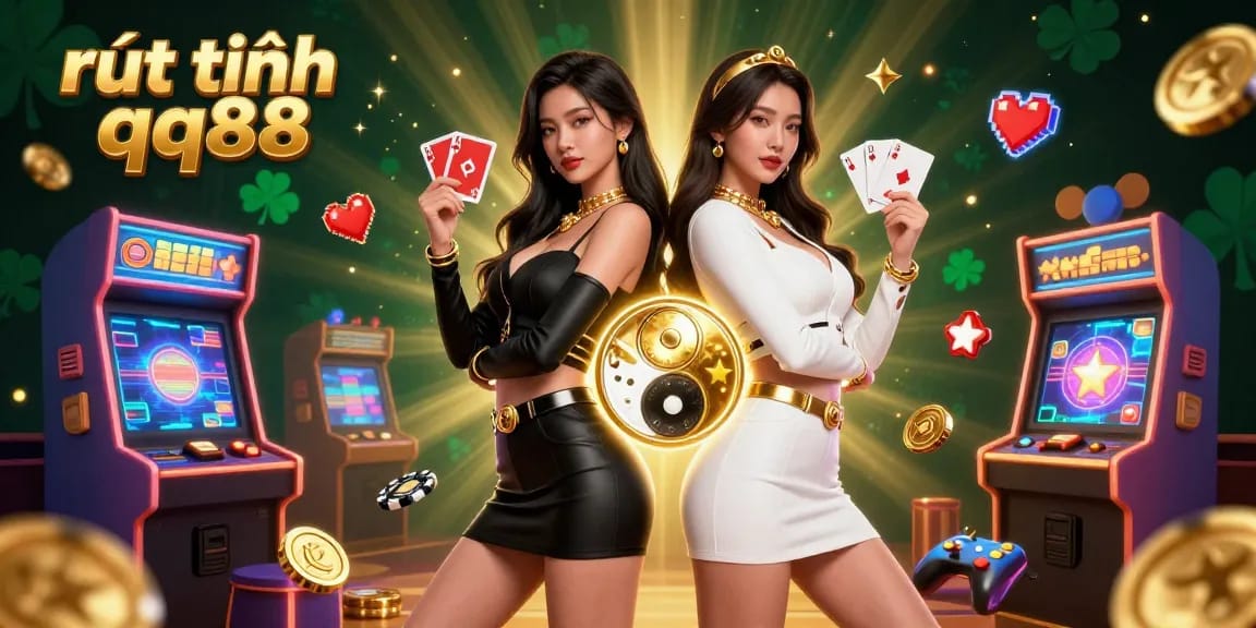 Experience rút tiền qq88 with a dynamic 3D illustration showcasing twin Asian women in action with playing cards, surrounded by vibrant casino elements.