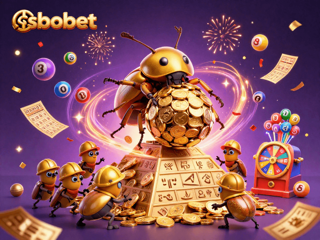 Engage in sbobet betting strategies with a vibrant, dynamic gaming scene featuring golden coins and lottery elements.