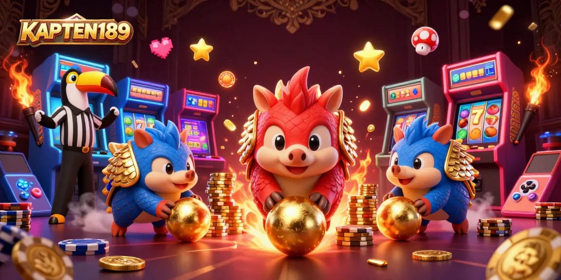 KAPTEN189 menggulung bola emas dan menggantung poker chips dalam aksi kasino yang energik.