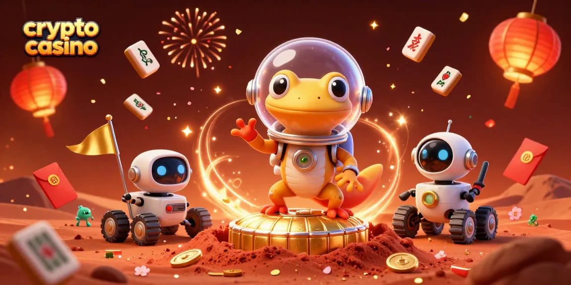 Vivez l'expérience d'un crypto casino avec un gecko extraterrestre découvrant un casino doré sur Mars.