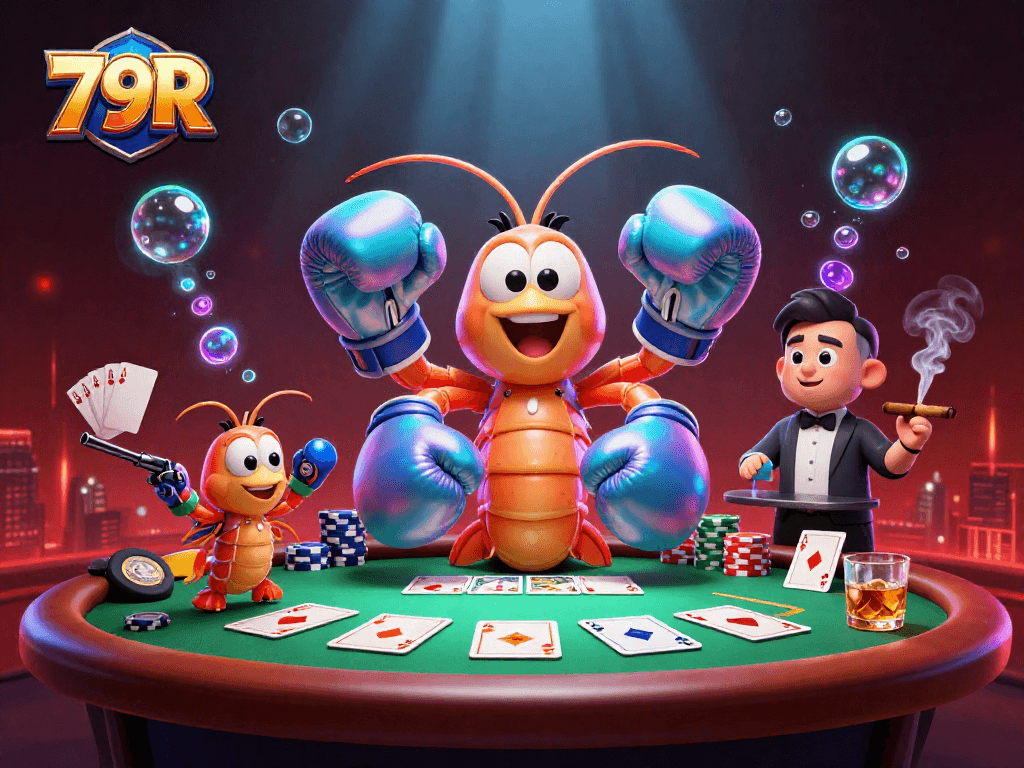Aumente suas chances com 79R em um vibrante torneio de poker com personagens animados no fundo.