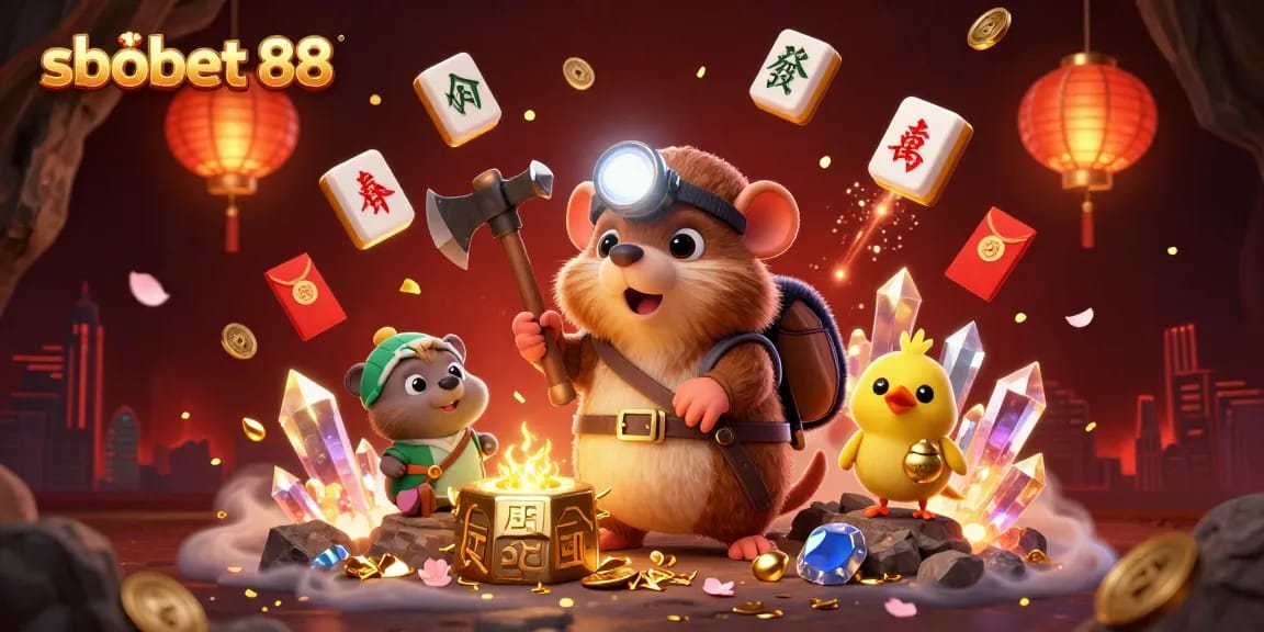 Engage with sbobet 88's thrilling atmosphere as a treasure hunter uncovers gems and treasures amidst festive gambling elements.