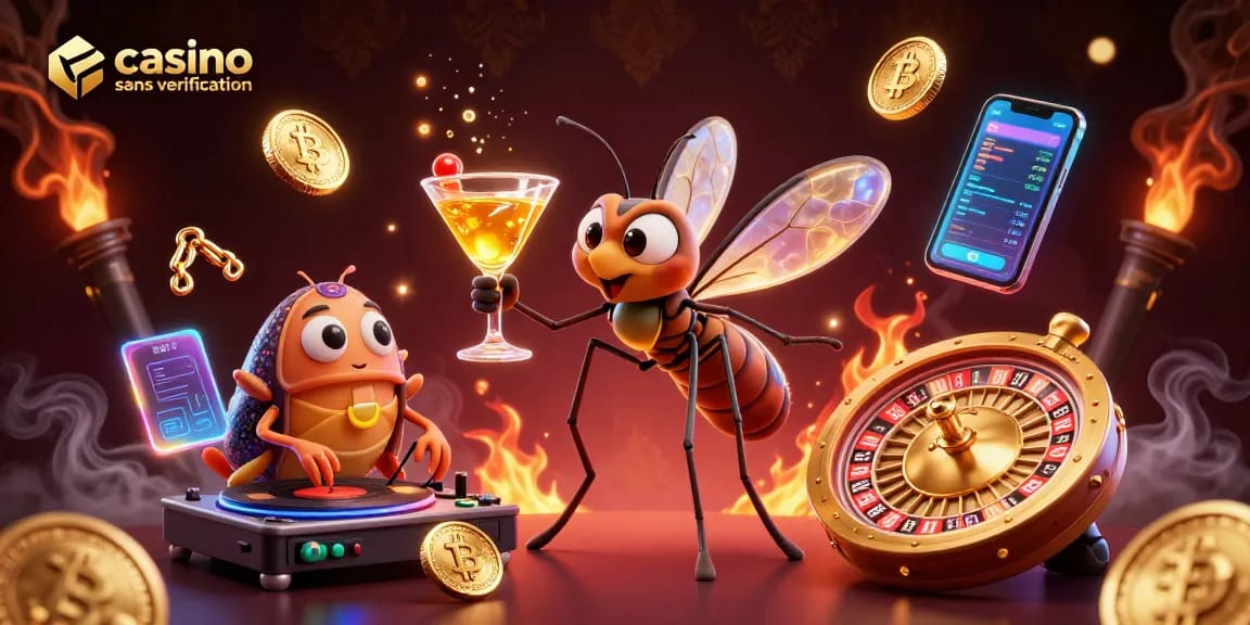 Découvrez le casino sans vérification avec un personnage en ambre et un DJ fossile dans une scène animée.