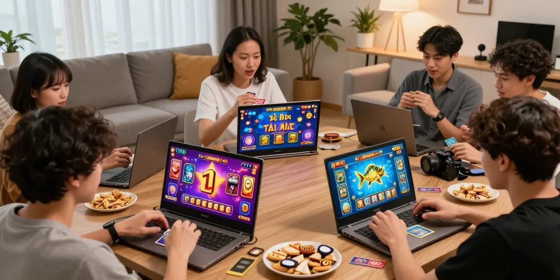 Exciting online gaming experience with players enjoying 68 game bài, showcasing vibrant card games and colorful interfaces in a cozy setting.