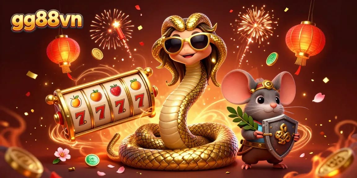 Spin the reels to win at gg88vn with friendly Medusa and a brave mouse in a vibrant casino scene.