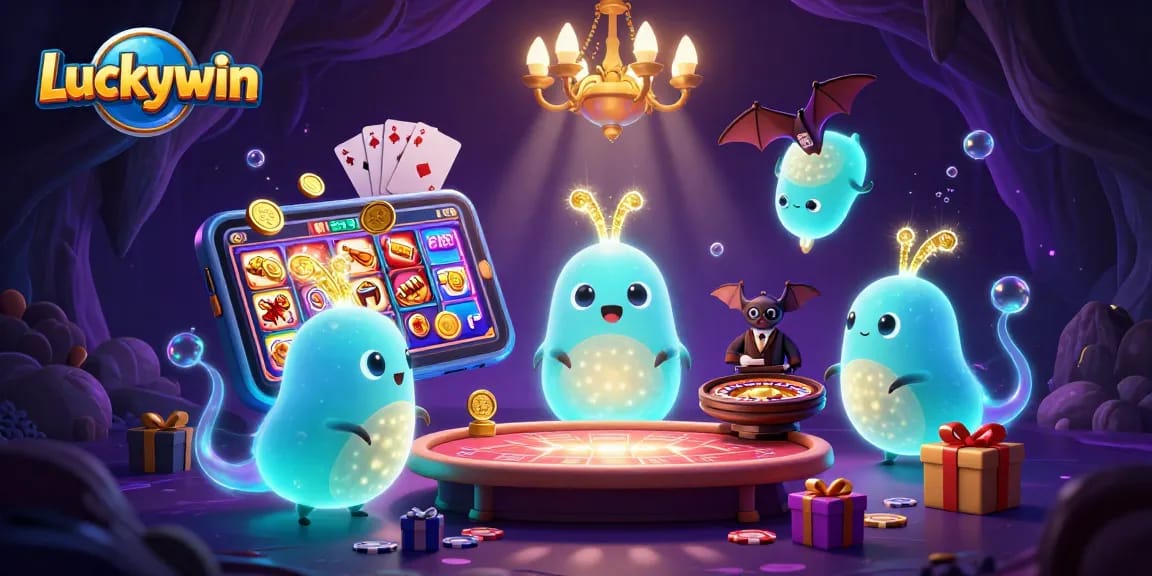Experience the vibrant Luckywin casino with glowing creatures at a dynamic gaming table.