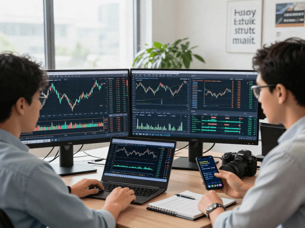 Trader using metatrader 5 on dual monitors with charts and alerts in a modern office setting