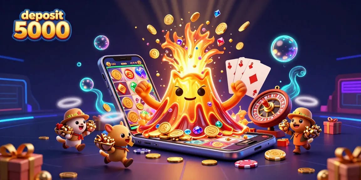 Spin the reels with deposit 5000 to unlock vibrant jackpots and treasures in this dynamic casino scene.