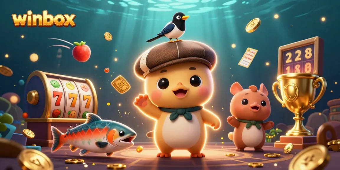 Winbox gaming scene featuring a playful baby Nessie and a gold-obsessed magpie amidst slot reels.