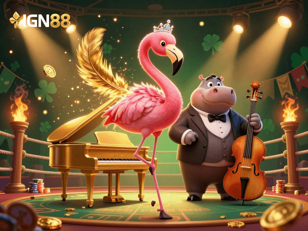 Experience thrilling gameplay with IGN88 at a vibrant 3D casino scene featuring dynamic characters.