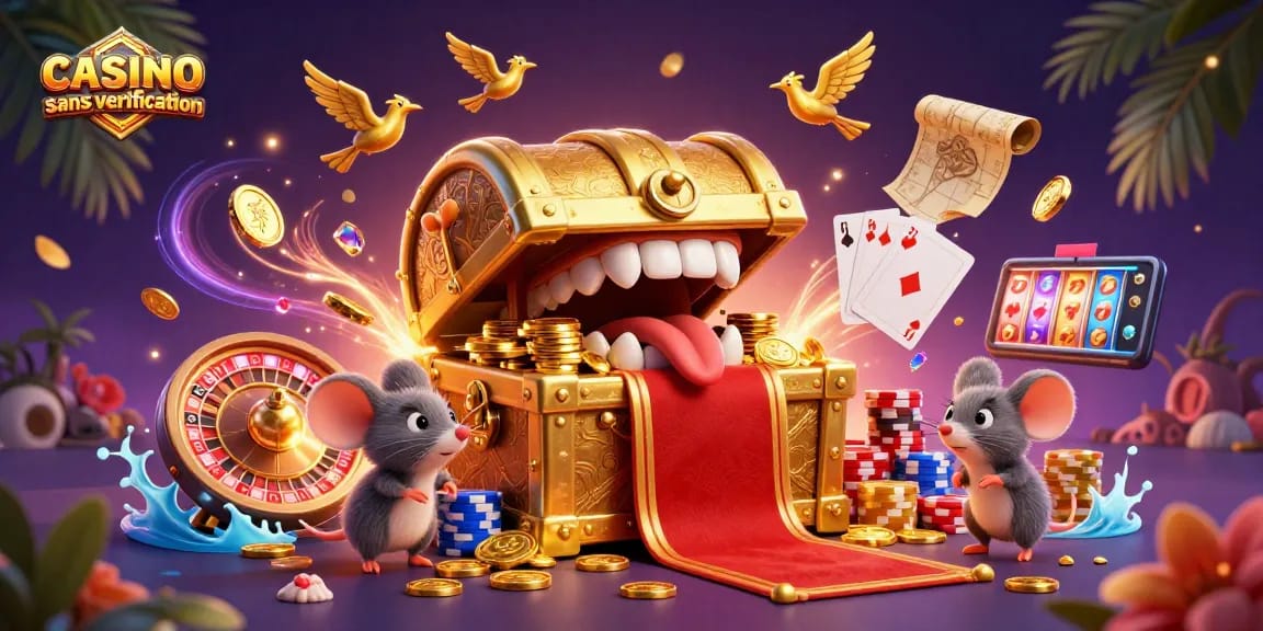 Venez découvrir le casino sans vérification avec un trésor magique entouré de pièces d'or et de cagnottes étincelantes.