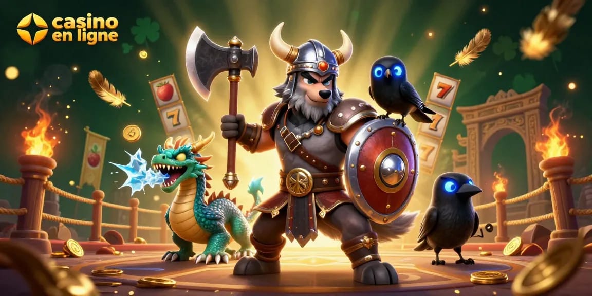 Illustration d'une scène de casino en ligne avec un guerrier viking et des éléments de jeu captivants.