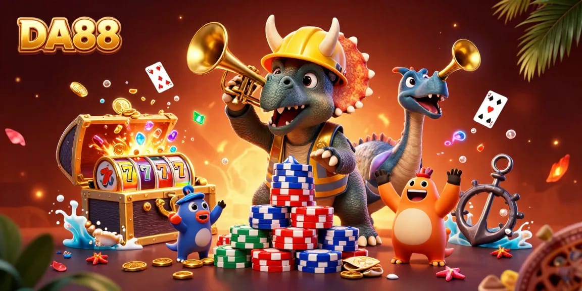DA88 showcases immersive online gaming with a vibrant dinosaur illustration and slot elements.