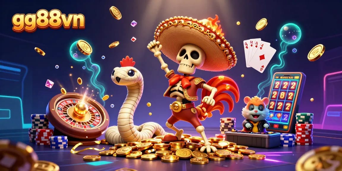 Experience thrilling fun at gg88vn with a lively victory dance amidst cascading coins and classic casino elements.