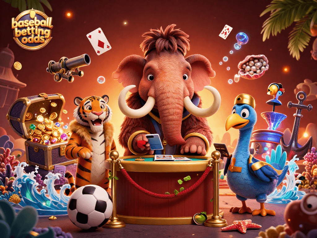 Bet on baseball betting odds with 3D cartoon characters in a vibrant casino atmosphere