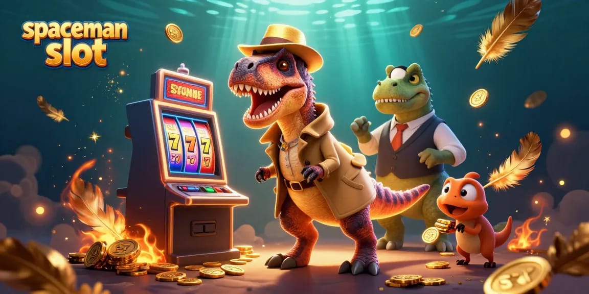 Experience thrilling spins with spaceman slot featuring cartoon velociraptor at a vibrant, colorful machine.