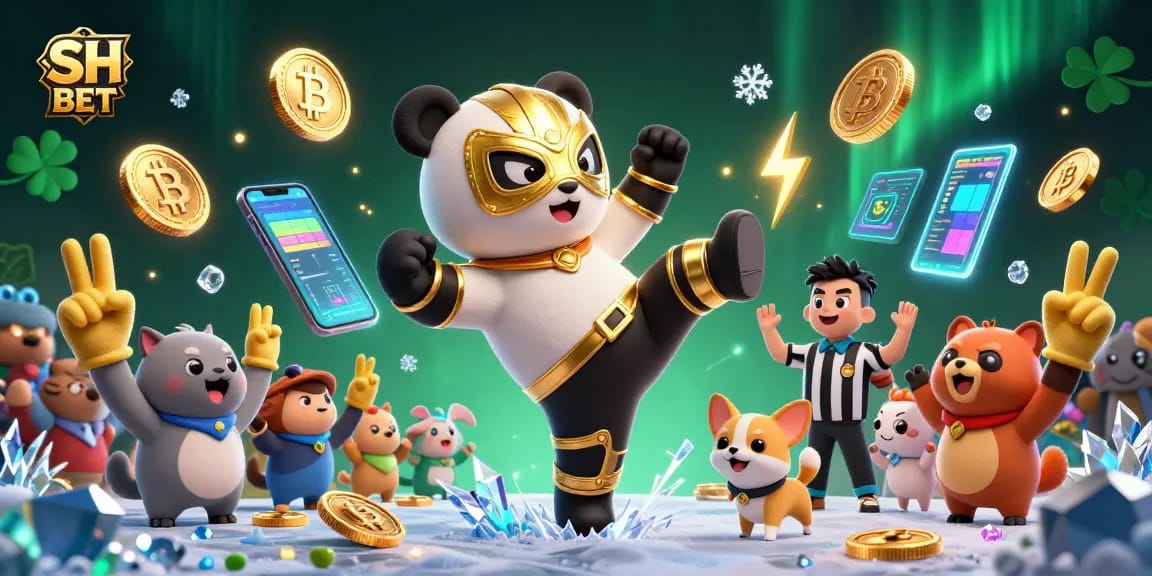 SH BET features a panda in a flying kick surrounded by crypto coins and cheering animals, showcasing dynamic gambling action.