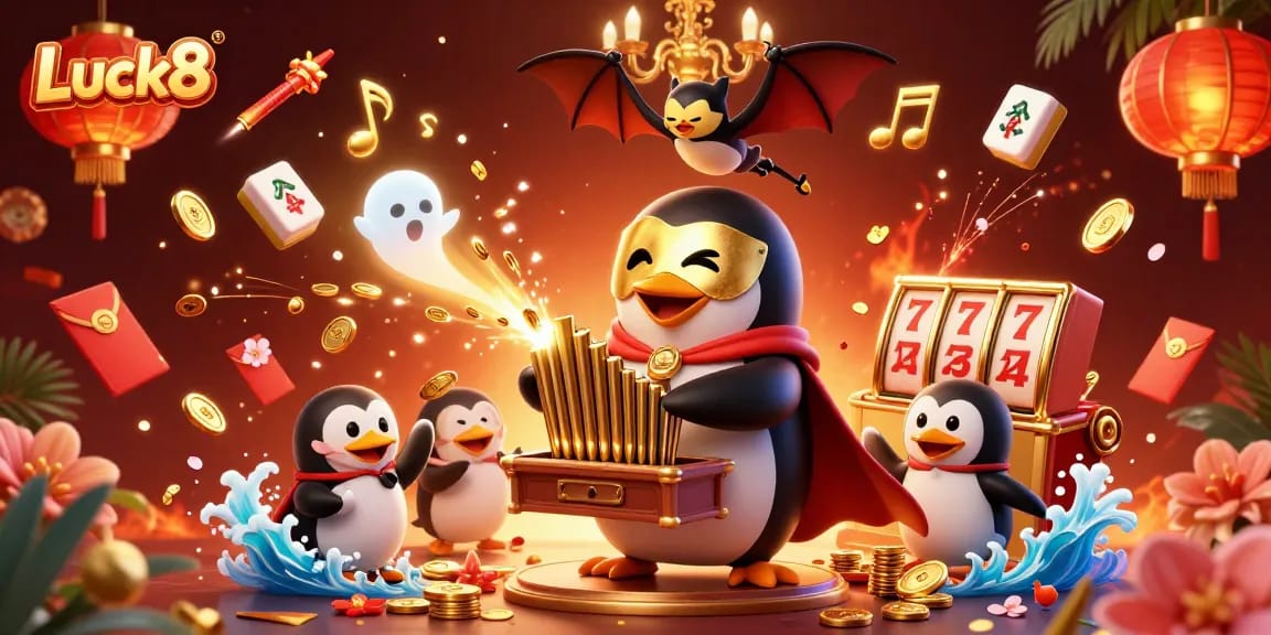 Luck8 captivating digital casino scene with a penguin playing an organ surrounded by fortune elements.