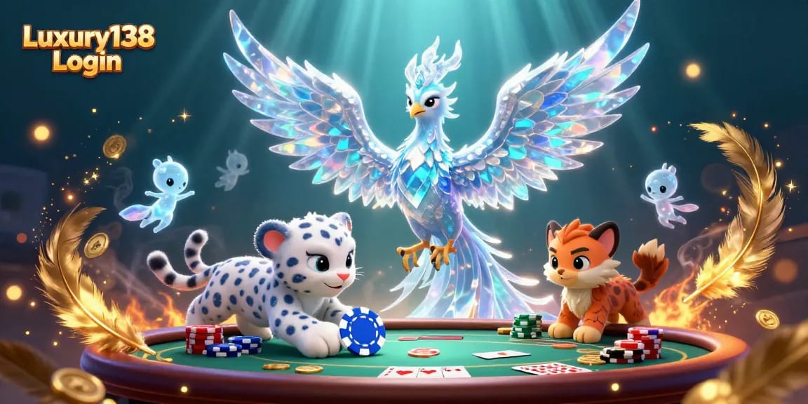 Experience the thrill of Luxury138 Login with an ice phoenix, poker elements, and vibrant casino visuals.