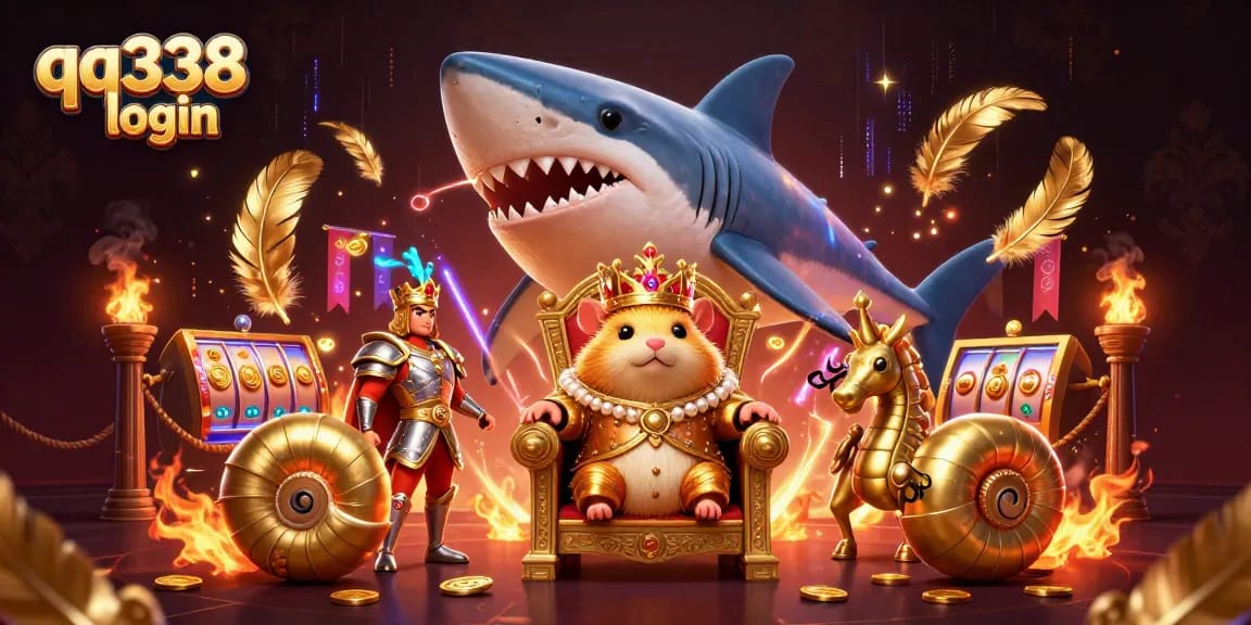 Experience the thrilling qq338 login scene with a golden hamster king amidst vibrant casino elements.
