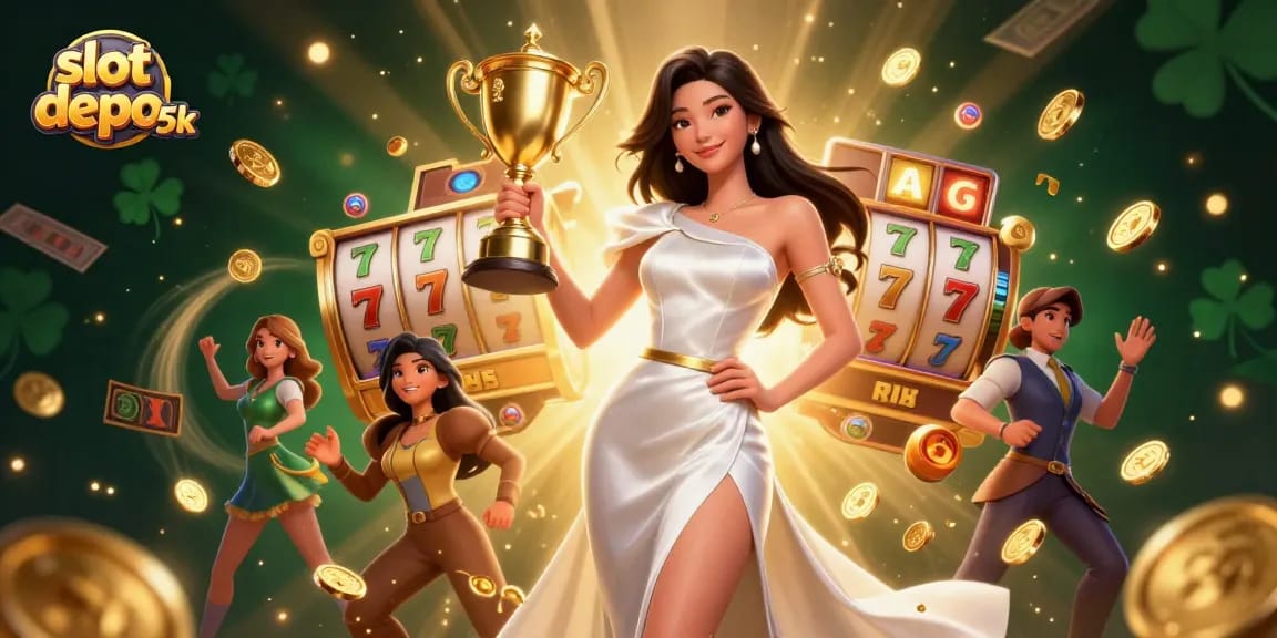 Win big with slot depo 5k excitement as a triumphant Asian woman showcases her golden trophy.