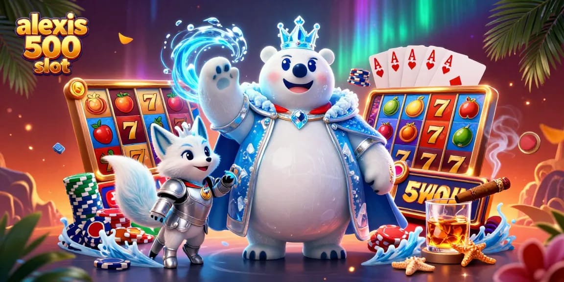 Experience the thrill of alexis 500 slot with a vibrant 3D representation featuring a polar bear and snow fox.