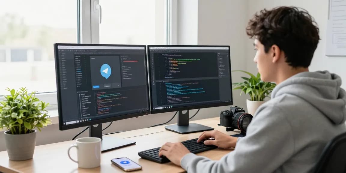 Developer coding on telegramin-cn.com interface with vibrant workspace elements.