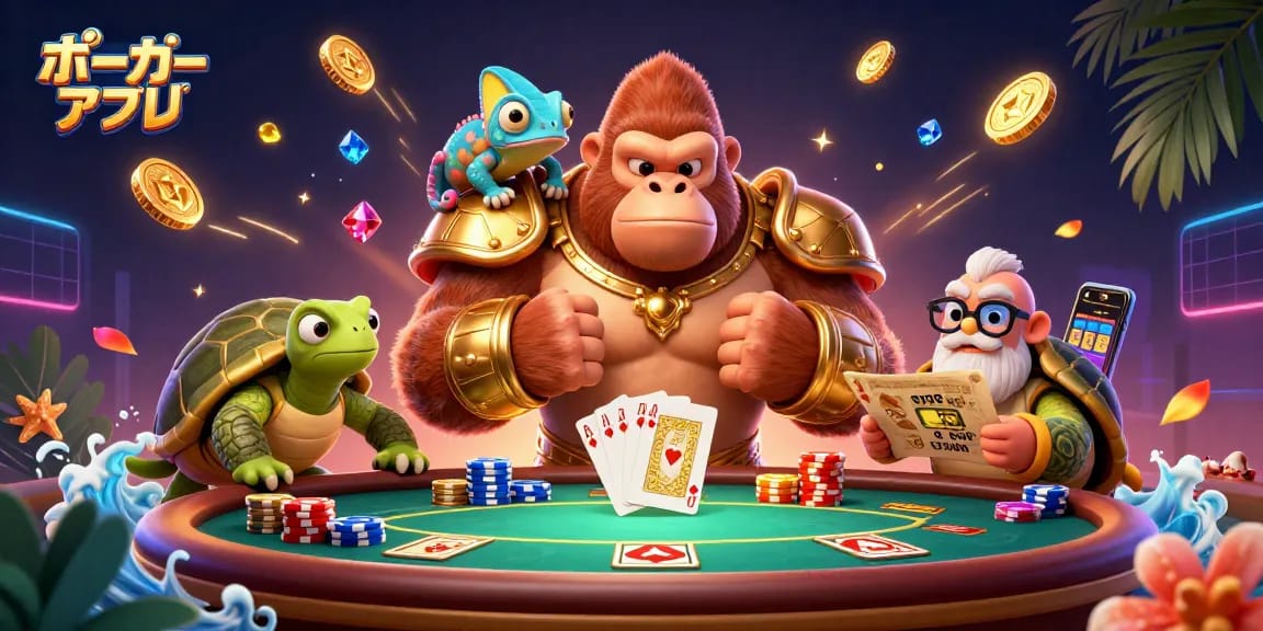ポーカーアプリで華やかなポーカーチップと勝利のカードと共に繰り広げられる場面
