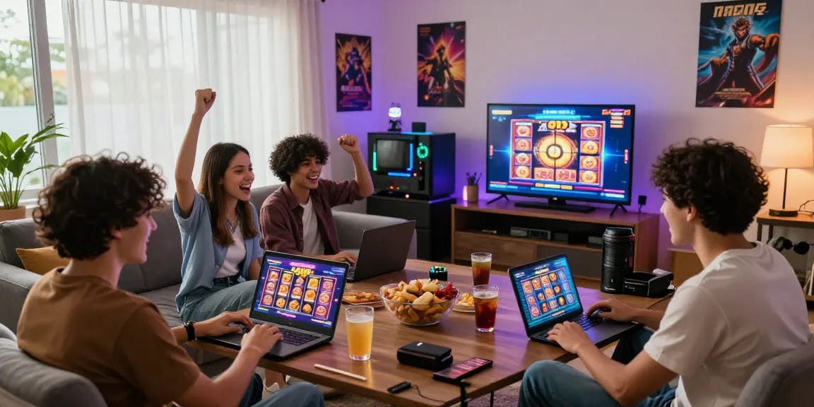 Permainan slot gacor di ruang tamu yang modern dengan teman-teman, suasana ceria dan penuh energi.