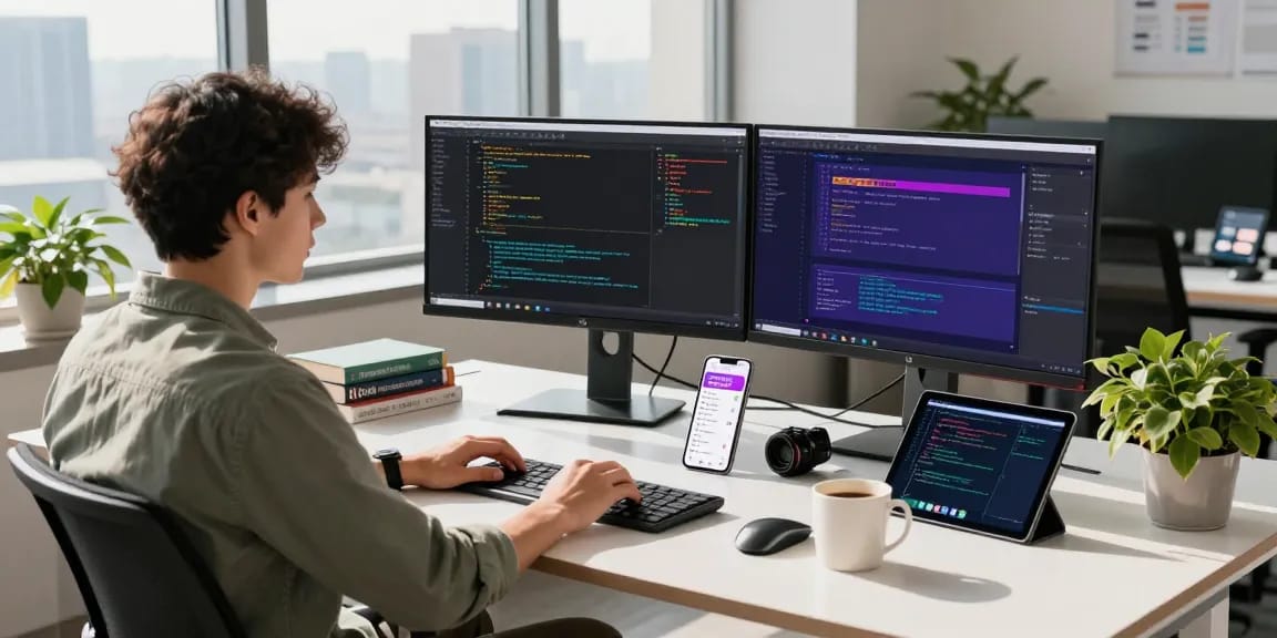 Focused developer coding at a modern desk with 纸飞机中文版 notifications visible on smartphone, set in a bright tech office.