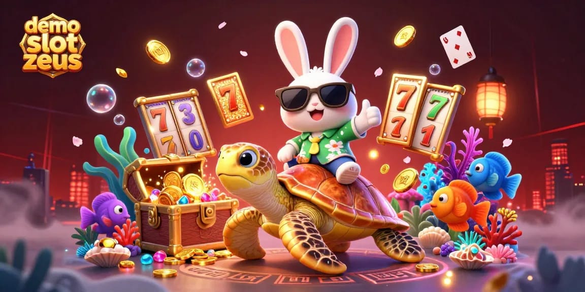 Experience demo slot zeus with an energetic scene featuring a lucky rabbit, golden sea turtle, and colorful casino game elements.