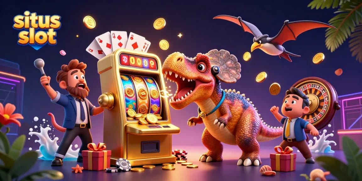 Situs slot menampilkan pachycephalosaurus berhadapan dengan mesin slot emas yang meluncurkan koin jackpot.