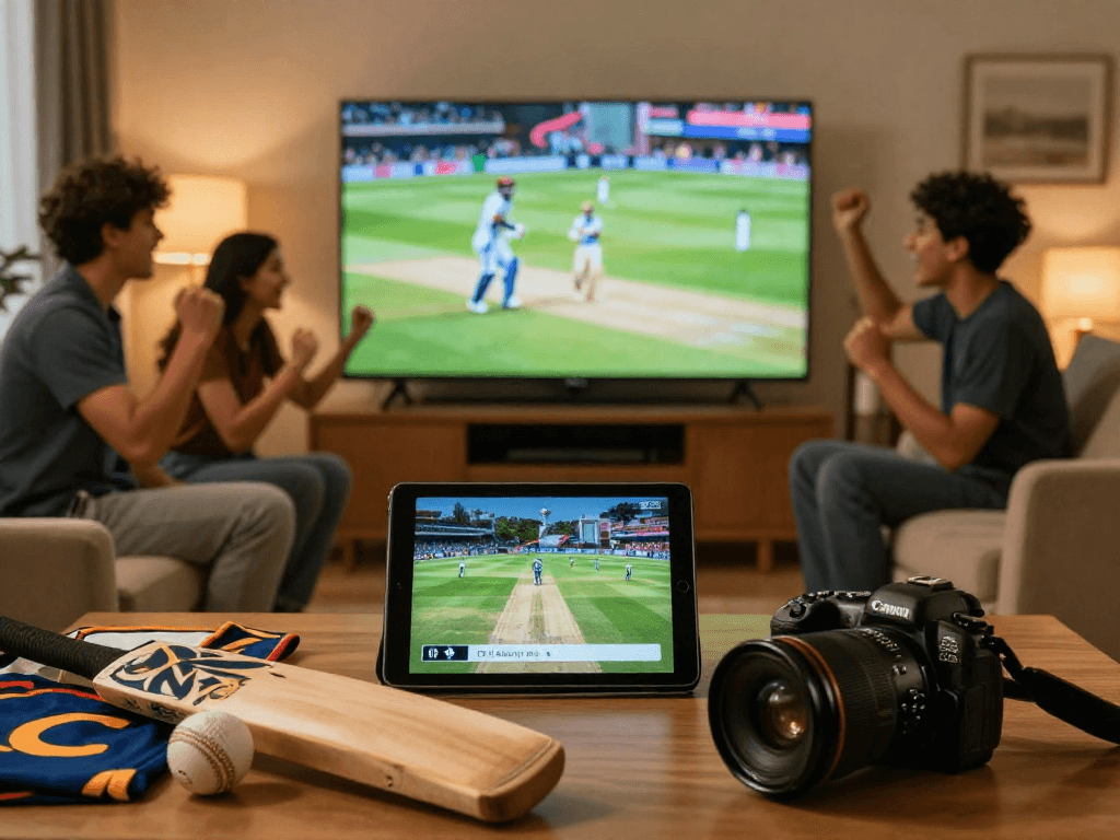 Cricfy TV streaming experience on tablet, cricket fan enjoying live match in cozy home setting.