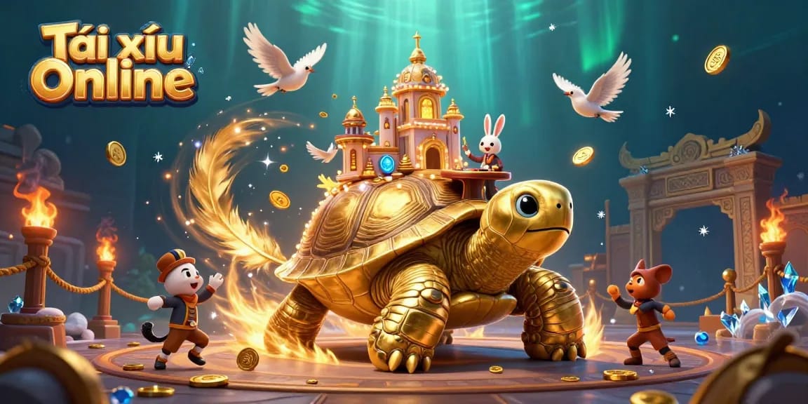 Exciting Tài xỉu Online 3D scene with a golden tortoise casino and rabbit dealer amidst swirling gold and ancient elements.