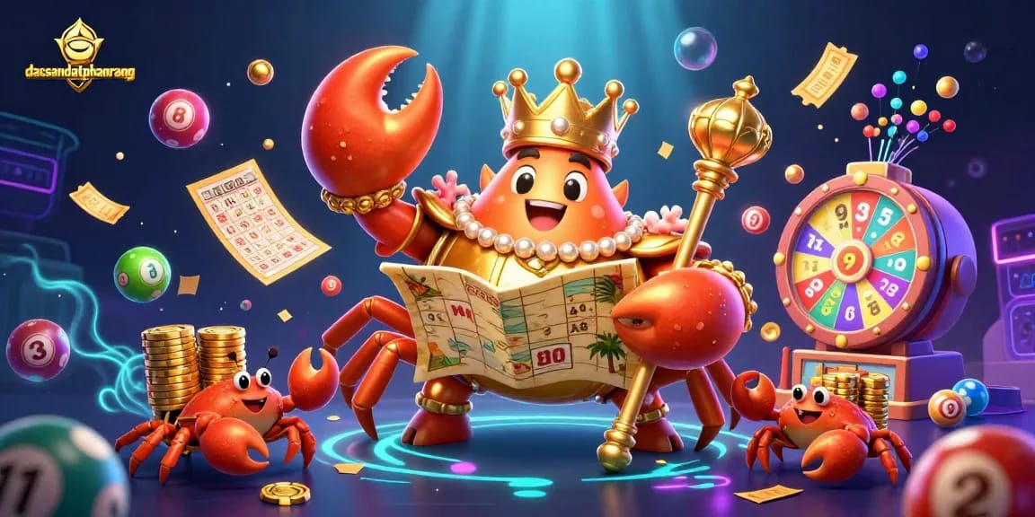 Engage with dacsandatphanrang's vibrant lottery-themed illustration, showcasing a crab emperor surrounded by dynamic game elements.