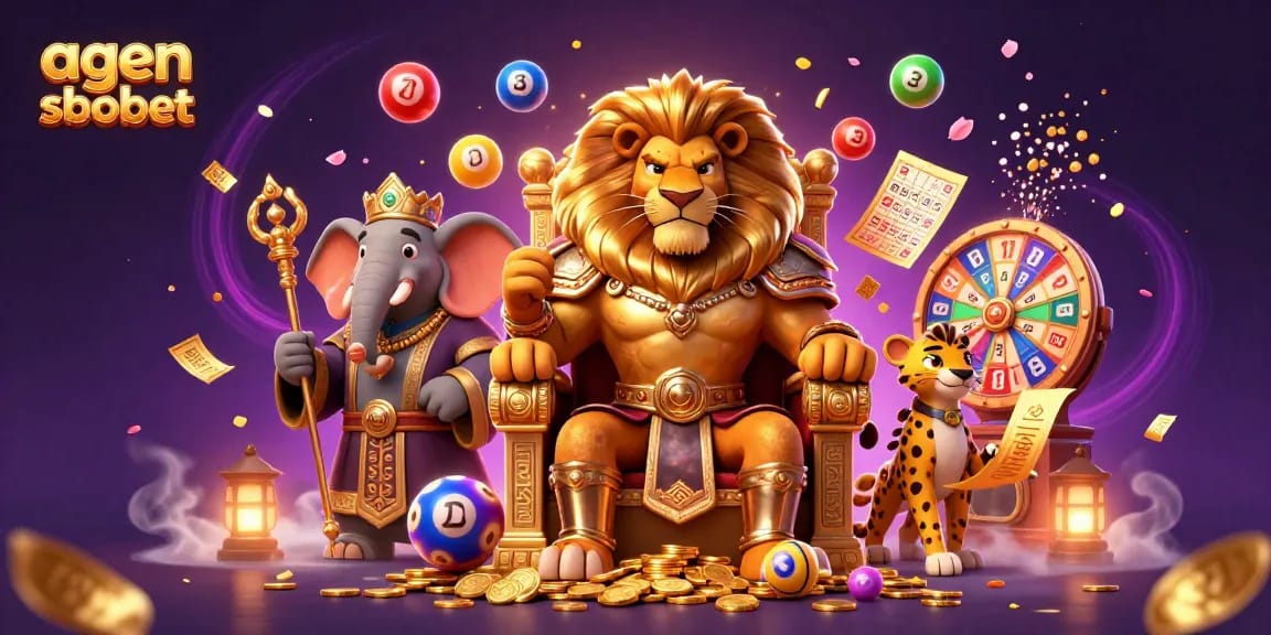 Experience agen sbobet's thrilling casino adventure with a majestic lion king, wise elephant, and agile cheetah surrounded by vibrant game elements.
