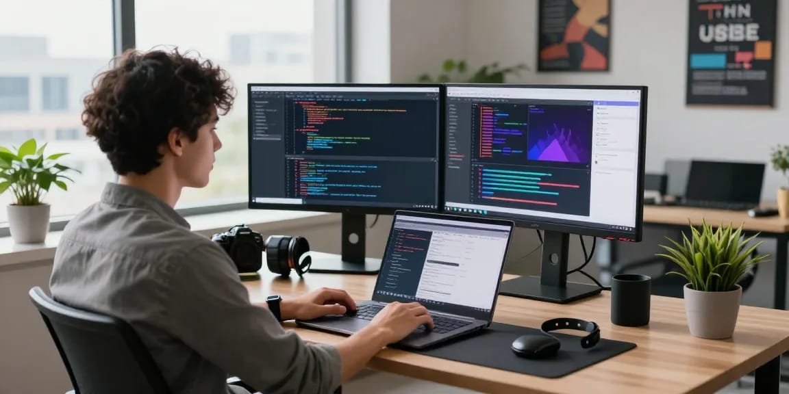 Developer working in a modern office on 纸飞机中文版 and innovative software projects.