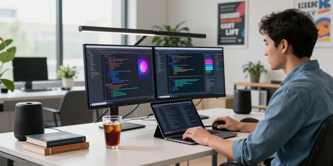 Dynamic tech workspace with cika4d coding developer at dual screens, coffee, and vibrant tech atmosphere