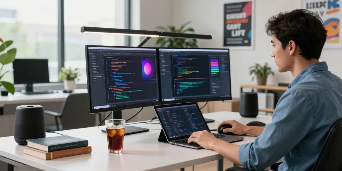 Dynamic tech workspace with cika4d coding developer at dual screens, coffee, and vibrant tech atmosphere