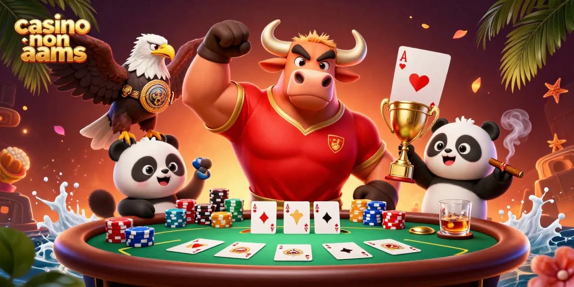Scopri l'emozione dei casino non aams con un'illustrazione 3D vibrante che presenta un toro sportivo, un'aquila da campionato e un panda gioioso.