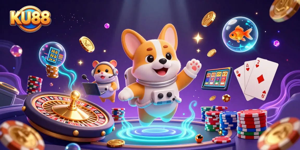 Engage in thrilling gameplay with KU88 in a vibrant space casino filled with floating coins and cheerful characters.