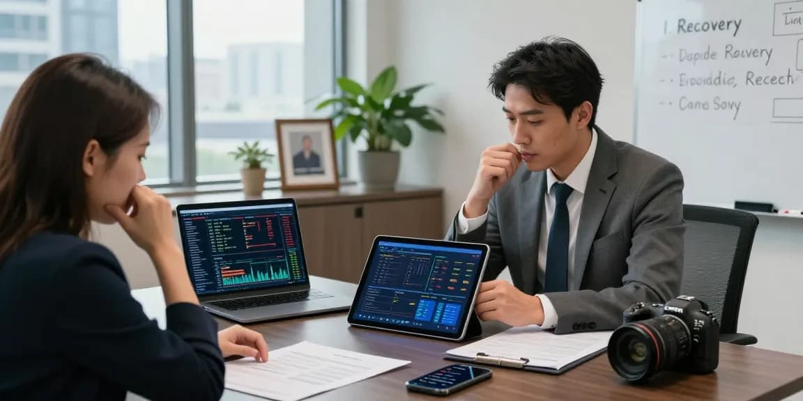 Expert financial consultant advising distressed client on how to recover lost crypto assets in a modern office.