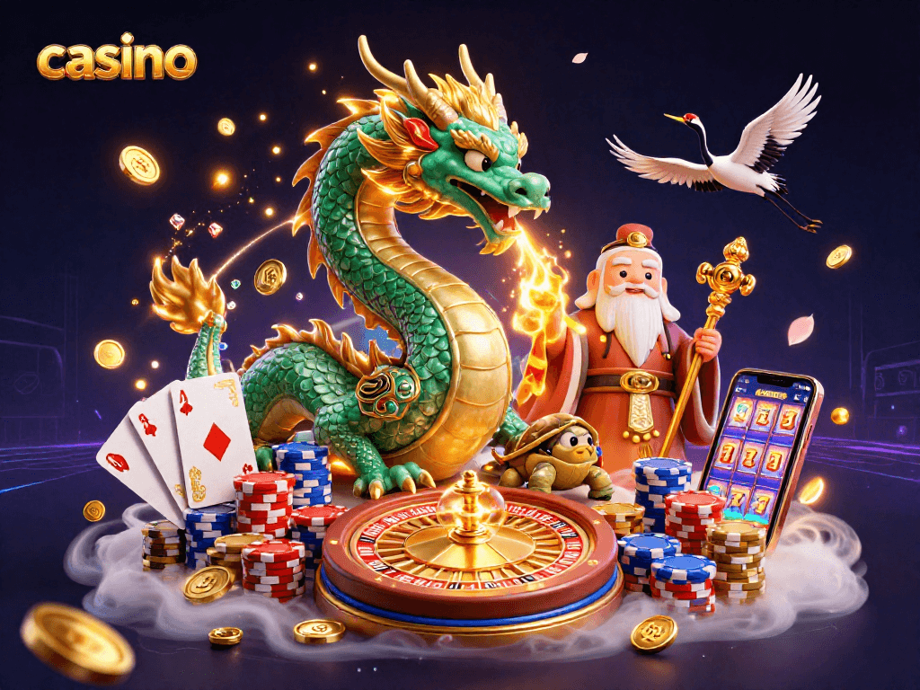 Players enjoy the vibrant casino scene with lucky symbols, dragons, and game elements swirling around.