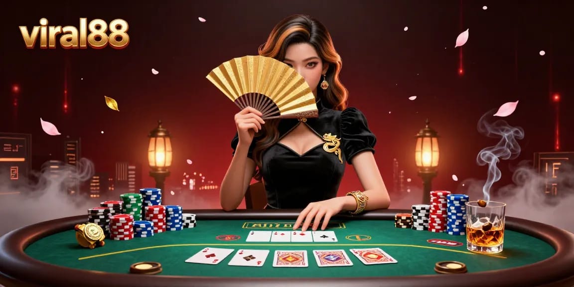 Experience the excitement of viral88 with an elegant woman and rich poker elements.