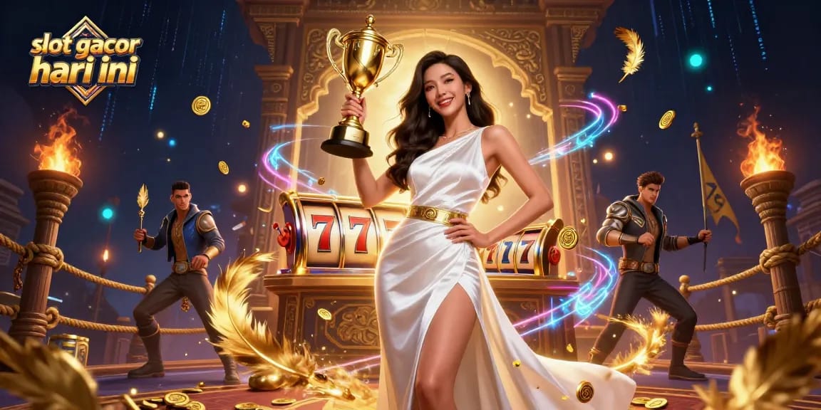 Experience immense wins with slot gacor hari ini illustrated in an elaborate casino scene, featuring trophy and game elements.